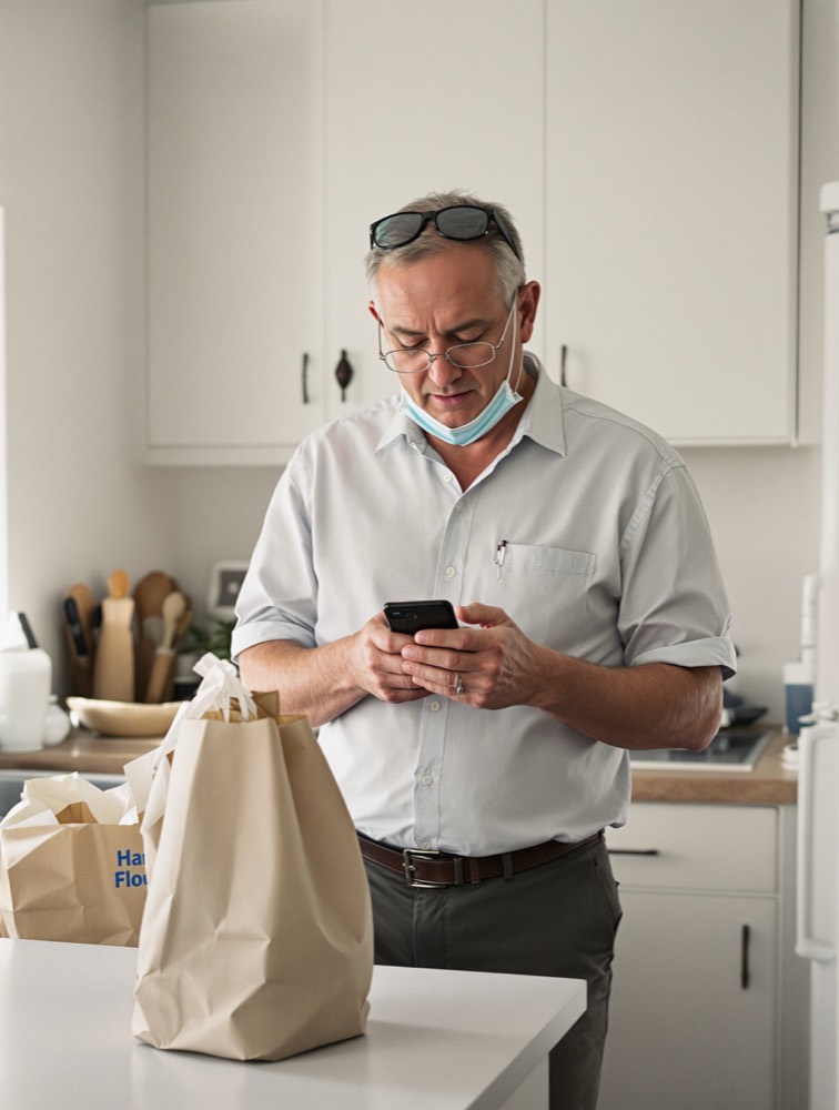 A man standing at his kitchen counter beside the shopping, tapping at his phone.