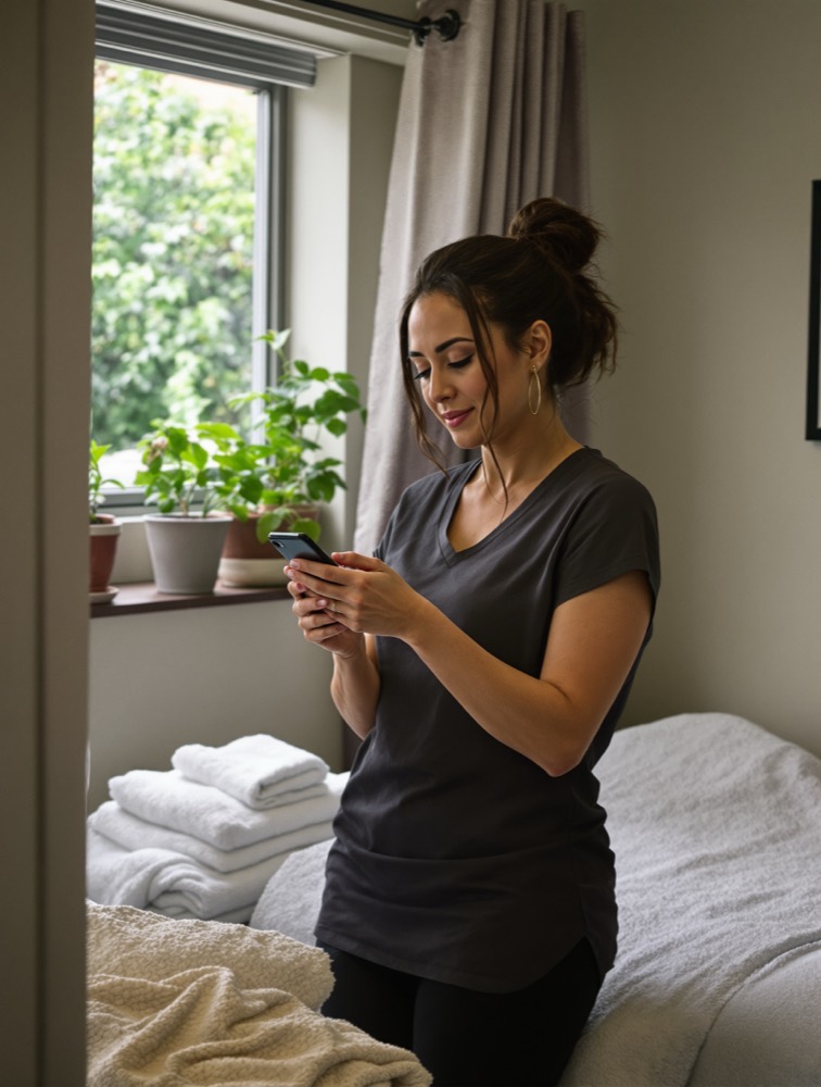 A massage therapist standing in her treatment room between clients, checking her phone.